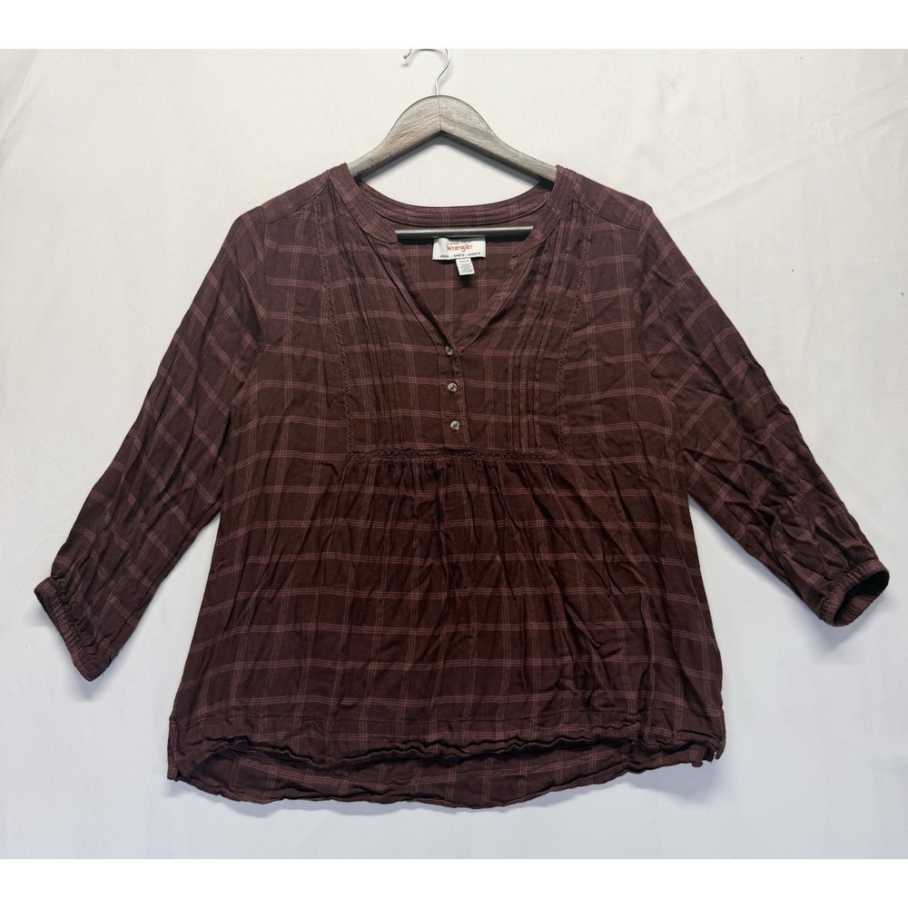 Wrangler Blouse Top Womens Small Burgundy Plaid 3/4 Sleeve Elastic‎ Cuffs V Neck